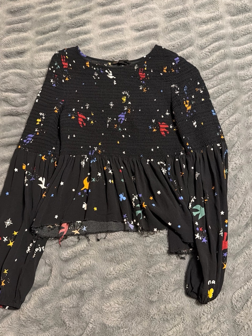 Maje Black Long-Sleeve Smocked Peplum Top with Multicolor Floral Print